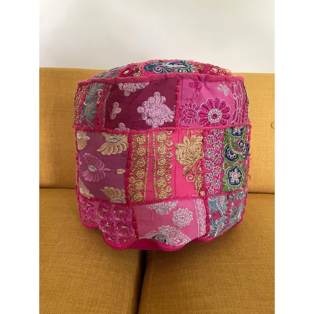 Handmade Indian Round Recycled Sari Patchwork Floor Pouf 18